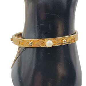 Vintage Scroll Hinged Bangle Bracelet Pearl Accent Safety Chain Size 6 Unsigned